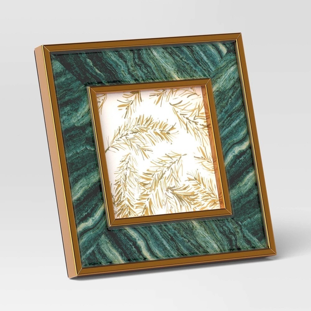 Threshold Marble Look Table Picture Frame 4x4 Green Gold Trim Tabletop Photo NWT